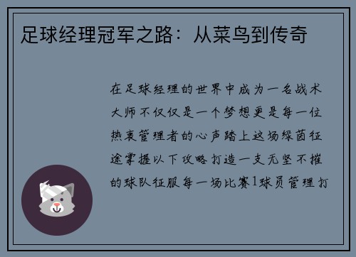 足球经理冠军之路：从菜鸟到传奇
